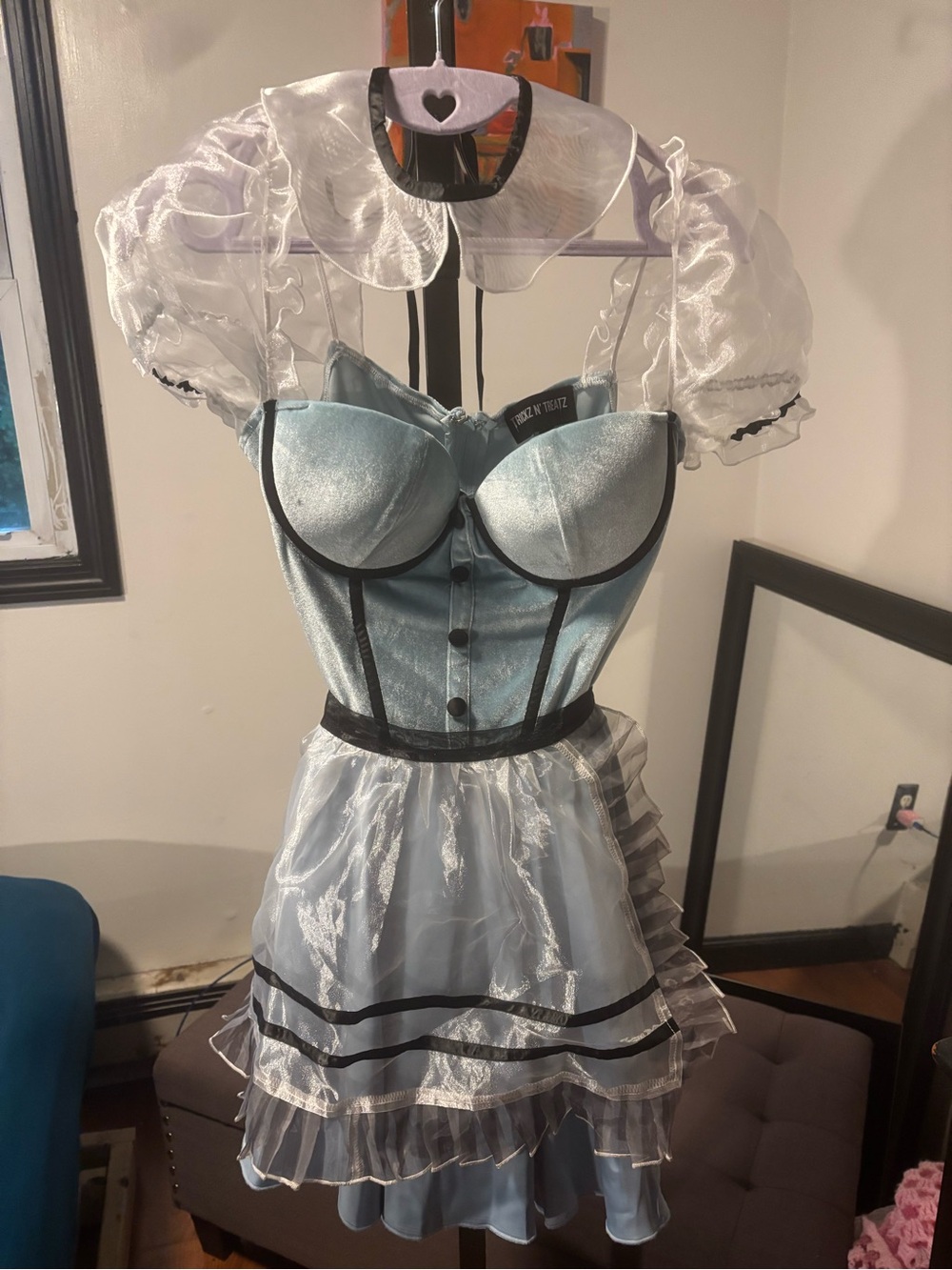 Light Blue Alice in wonderland 3pc costume corset dress with mesh apron & choker